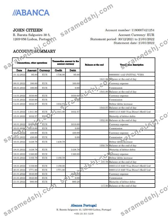 Portugal Abanca bank statement